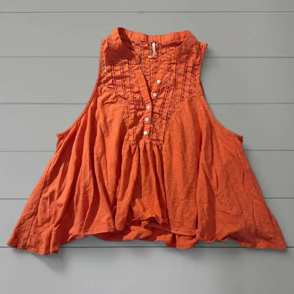 Free People Orange Lace Boho Babydoll Tank Top, Size Small - Picture 1 of 3